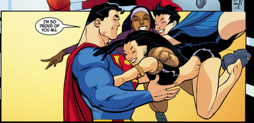 Od lewej od góry: Clark z Natashą Irons, Cir-El, Traci13 | Źródło: Action Comics #808