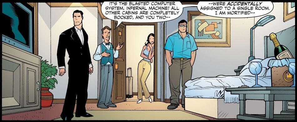 To ten przeklęty system komputerowy. Piekielna maszyna! Wszystkie pozostałe kabiny są wynajęte, a panowie zostali przypadkowo przydzieleni do pokoju z jednym łóżkiem. Bardzo nad tym ubolewam...