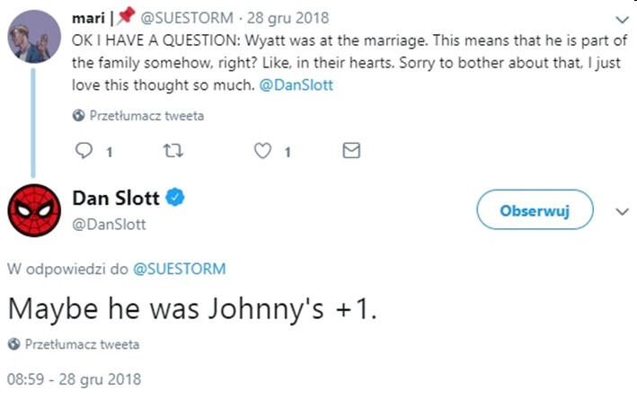 Fan: Mam pytanie. Wyatt był na ślubie. To znaczy, że jest jakoś częścią rodziny, prawda? W ich sercach. Dan Slott: Może był parą Johnny'ego