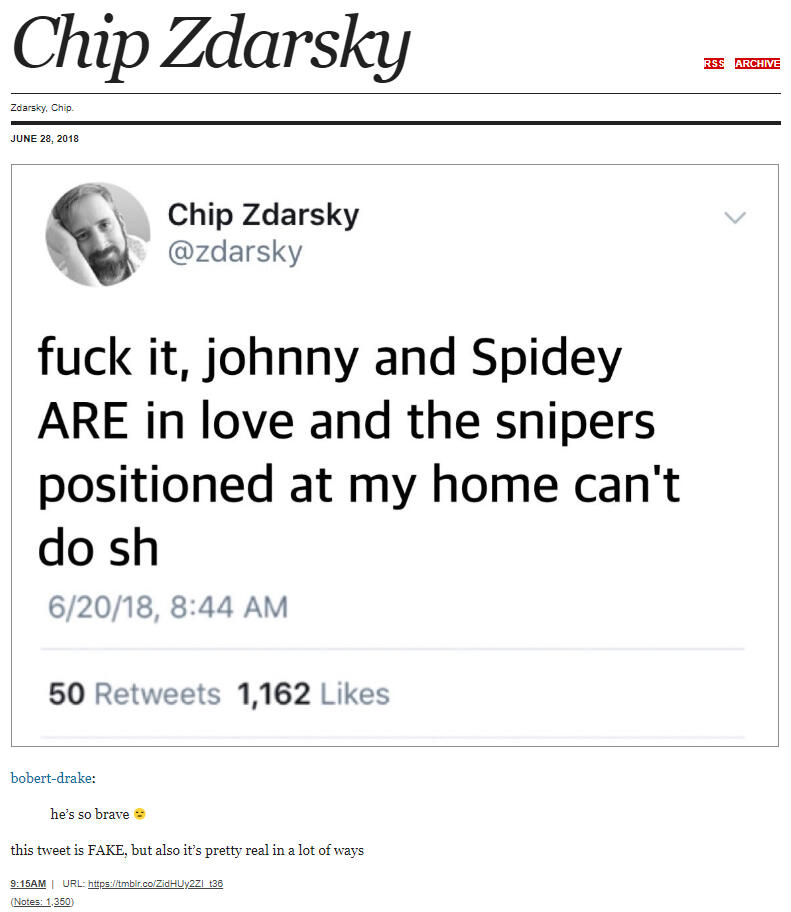 Fałszywy tweet: Walić to, Johnny i Spider SĄ w sobie zakochani, a snajperzy w moim domu nie mogą mi ni Chip Zdarsky: Ten tweet jest fałszywy, ale też prawdziwy pod wieloma względami