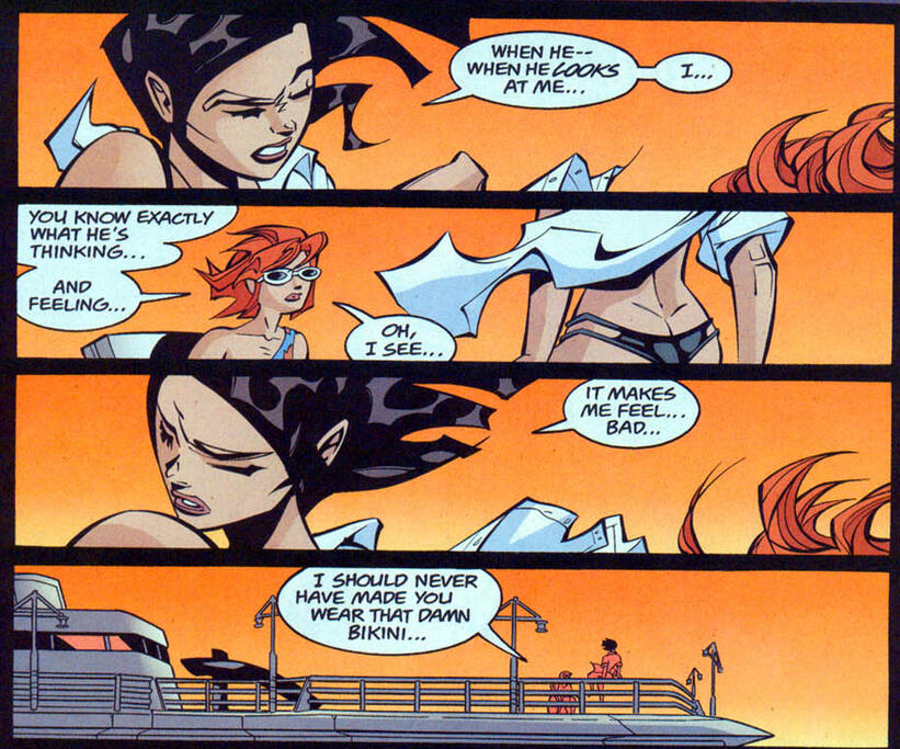 Cass: Kiedy on na mnie patrzy… ja…. Barbara: Doskonale wiesz, o czym myśli… i co czuje… Och, no tak… Cass: Czuję się przez to… źle… Barbara: Nigdy nie powinnam wciskać cię w to przeklęte bikini…