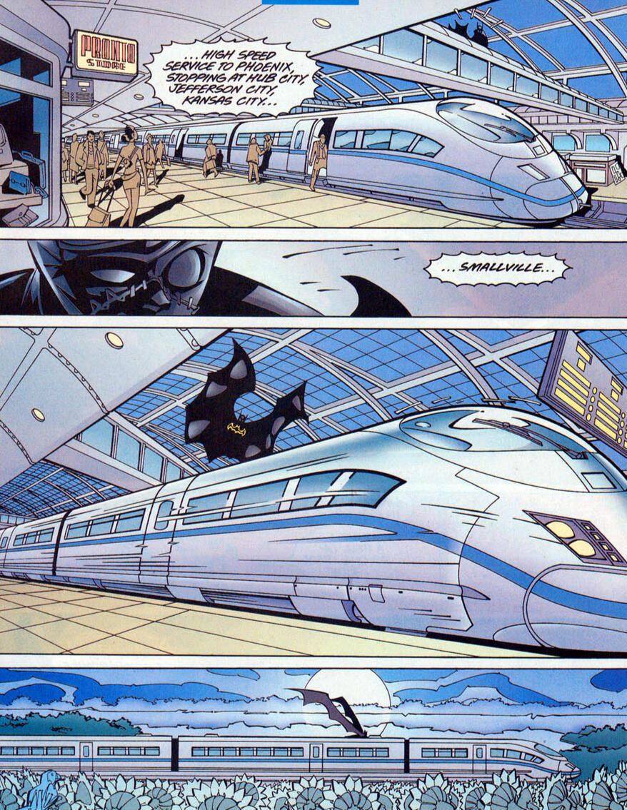 Komunikat: … pośpieszny do Phoenix przez Hub City, Jefferson City, Kansas City, Smallville…