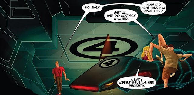 Johnny: Nie. Wierzę. Reed: Wsiadaj... i nic nie mów. Johnny: Jak go do tego namówiłaś? Sue: Dama nigdy nie ujawnia swoich sekretów.